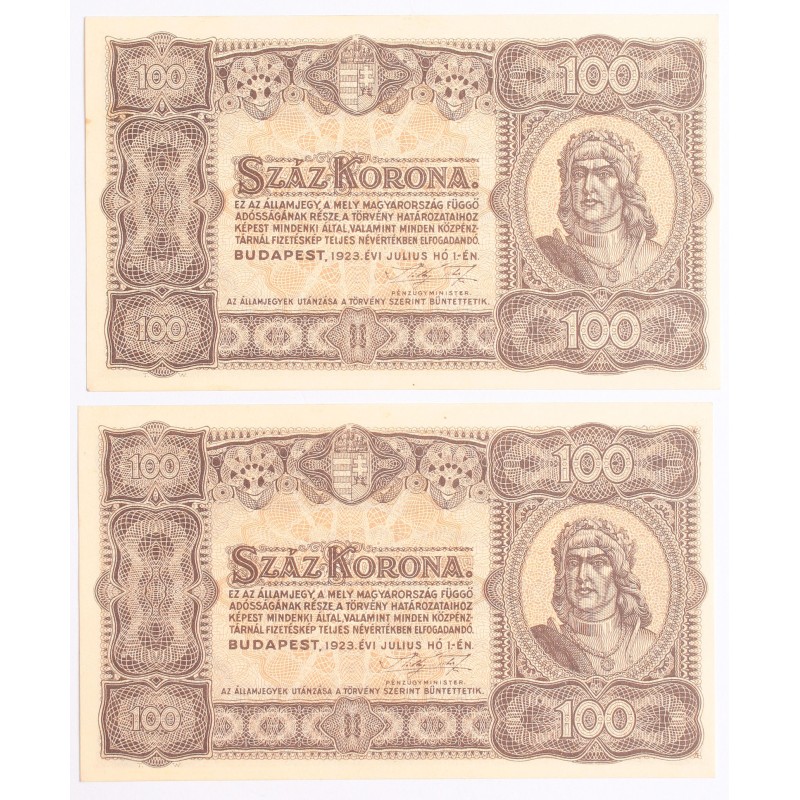 100 korona 1923 2db. nyomdahely nélkül 100 korona 1923 2db. nyomdahely nélkül