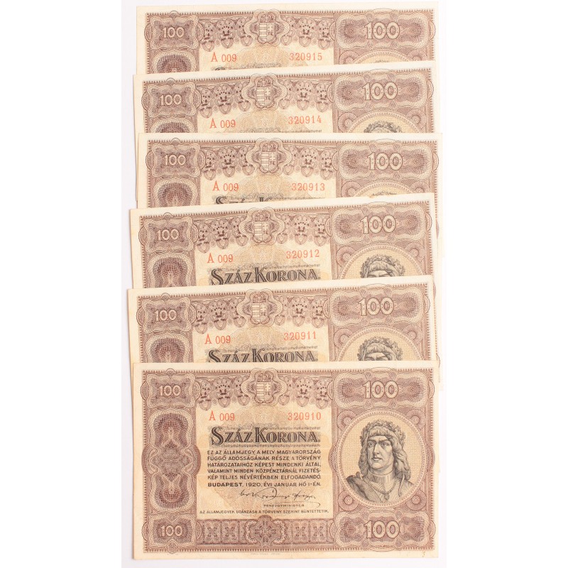 100 korona 1920 6db sorszámkövető 100 korona 1920 6db sorszámkövető