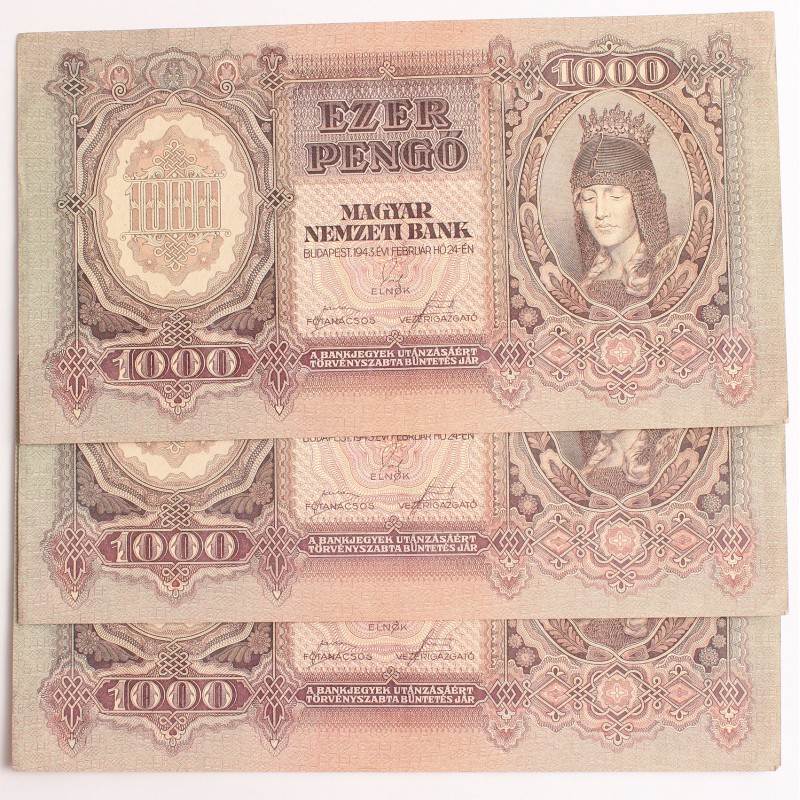 1000 pengő 1943 2db sorszámkövető + 1db közeli sorszám 1000 pengő 1943 2db sorszámkövető + 1db közeli sorszám
