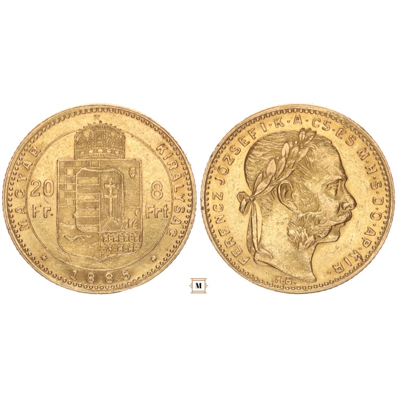 Ferenc József 20 frank 8 forint 1885 KB