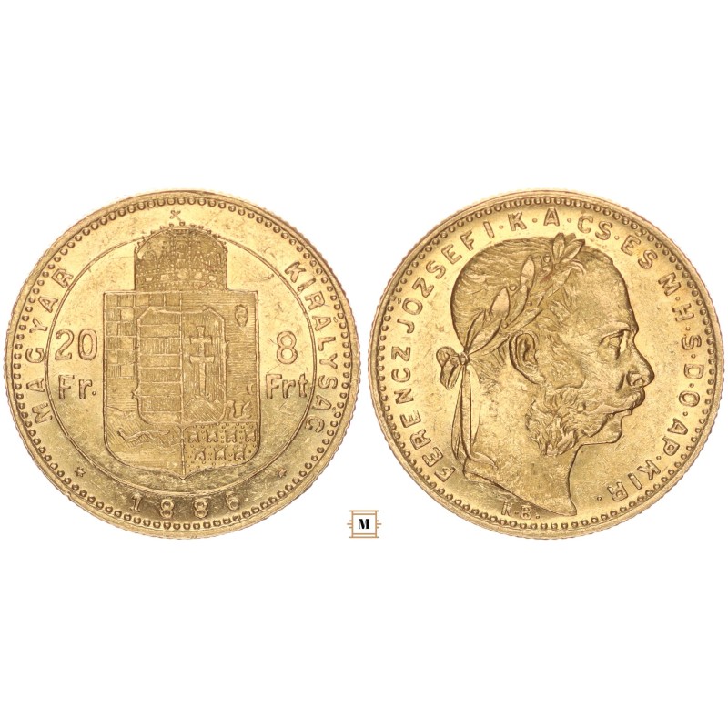 Ferenc József 20 frank 8 forint 1886 KB