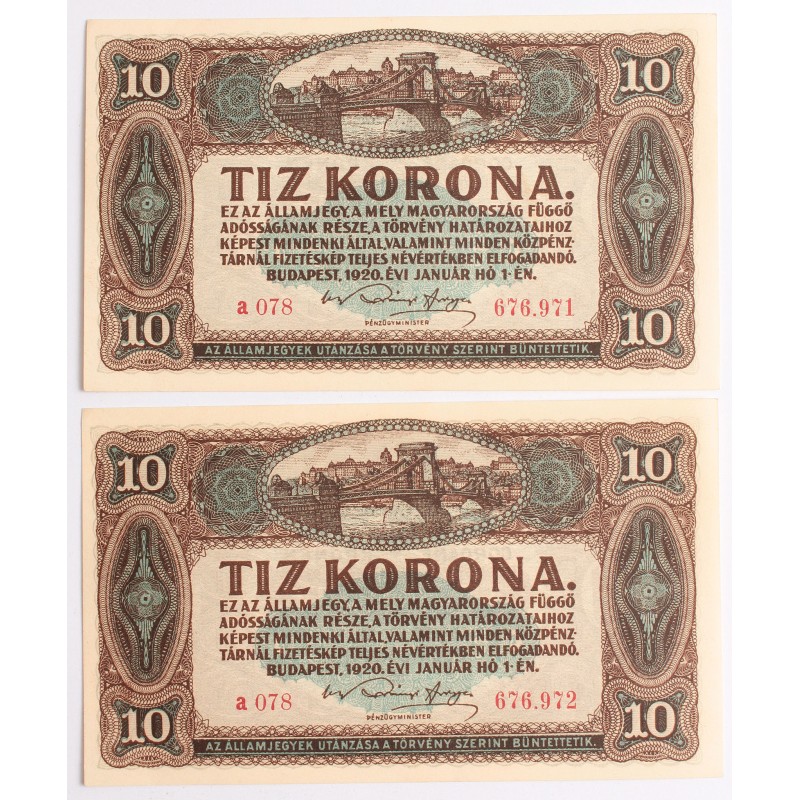10 korona 1920 2db sorszámkövető 10 korona 1920 2db sorszámkövető