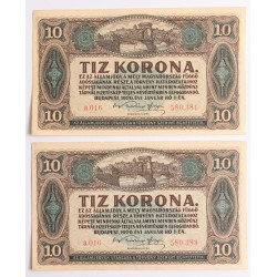 10 korona 1920 2db közeli sorszám