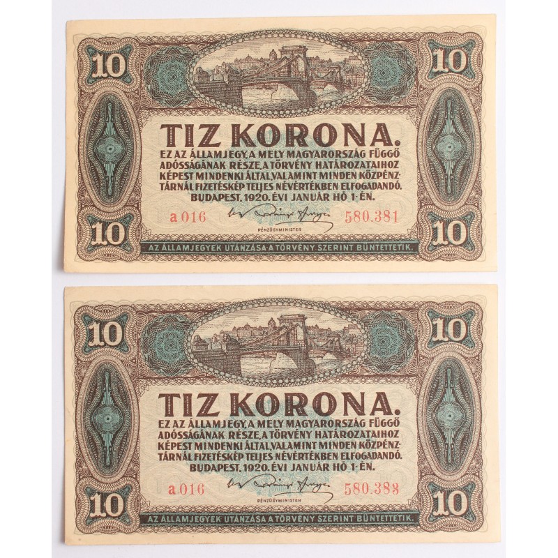 10 korona 1920 2db közeli sorszám 10 korona 1920 2db közeli sorszám