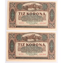 10 korona 1920 2db közeli sorszám