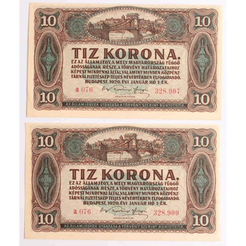10 korona 1920 2db közeli sorszám 10 korona 1920 2db közeli sorszám