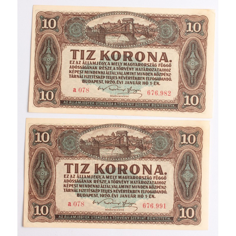 10 korona 1920 2db közeli sorszám 10 korona 1920 2db közeli sorszám