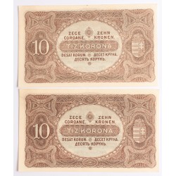 10 korona 1920 2db közeli sorszám