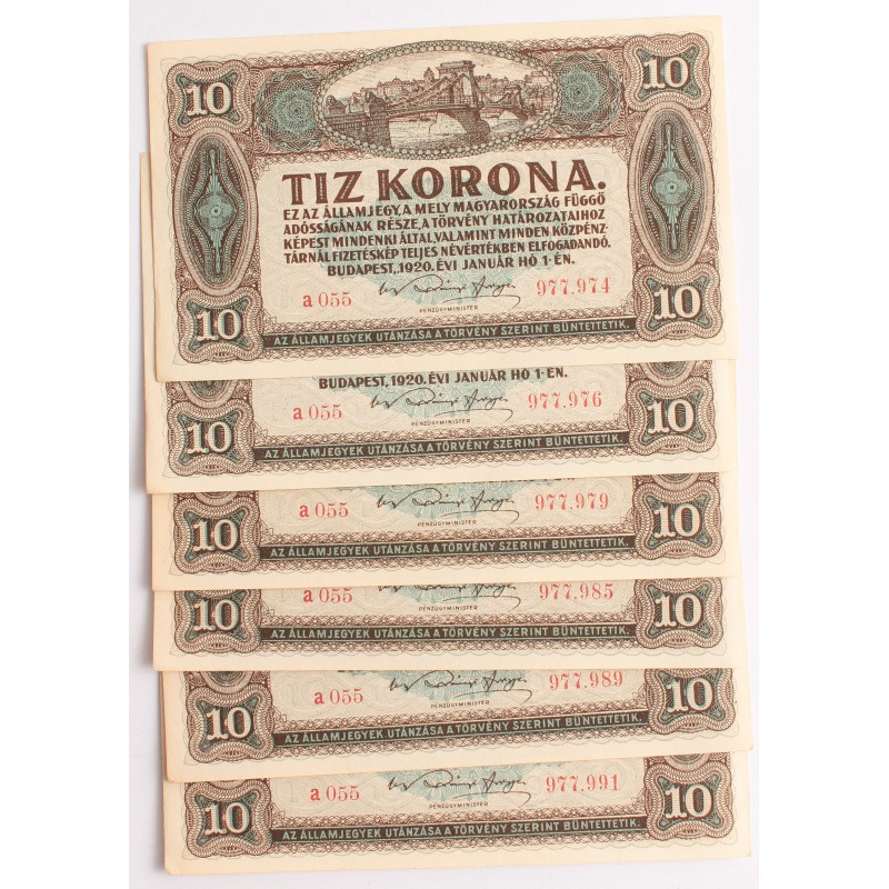 10 korona 1920 6db közeli sorszám 10 korona 1920 6db közeli sorszám