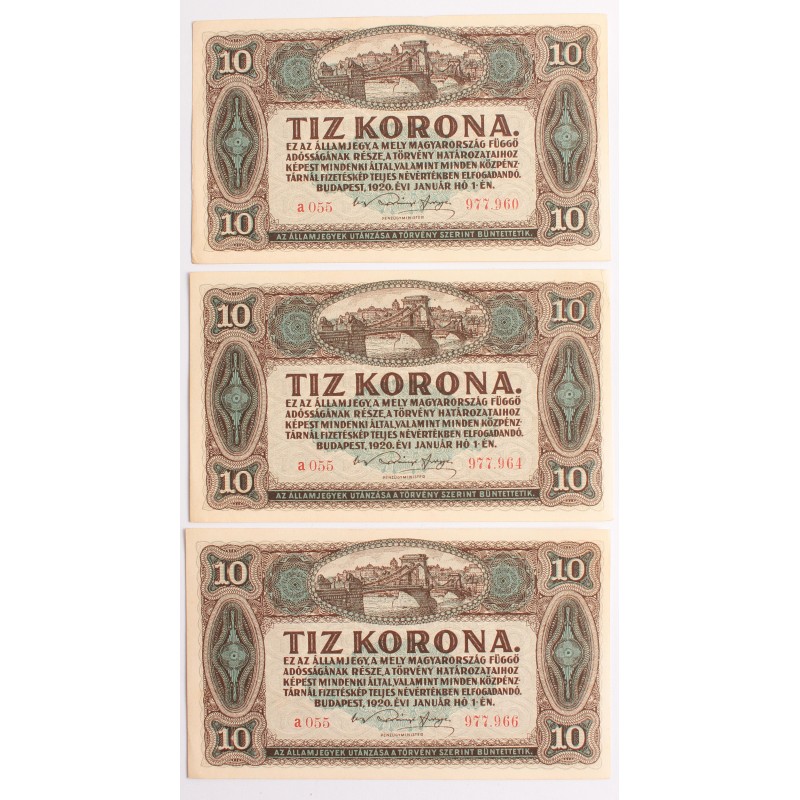 10 korona 1920 3db közeli sorszám 10 korona 1920 3db közeli sorszám