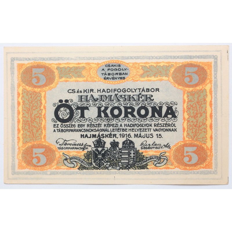 Hadifogolytábor Hajmáskér 5 korona 1916 Hadifogolytábor Hajmáskér 5 korona 1916