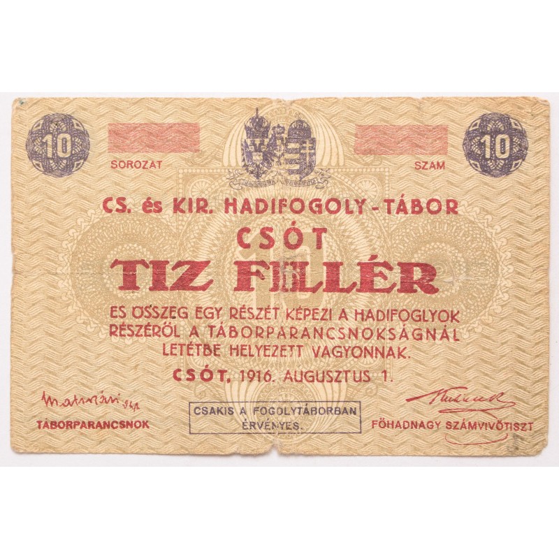 Hadifogolytábor Csót 10 fillér 1916 sor és sorozatszám nélkül Hadifogolytábor Csót 10 fillér 1916 sor és sorozatszám nélkül