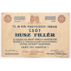 Hadifogolytábor Csót 20 fillér 1916 sor és sorozatszám nélkül
