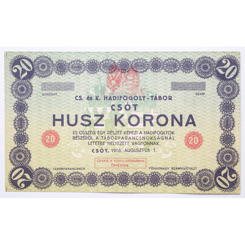 Hadifogolytábor Csót 20 korona 1916 sor és sorozatszám nélkül Hadifogolytábor Csót 20 korona 1916 sor és sorozatszám nélkül