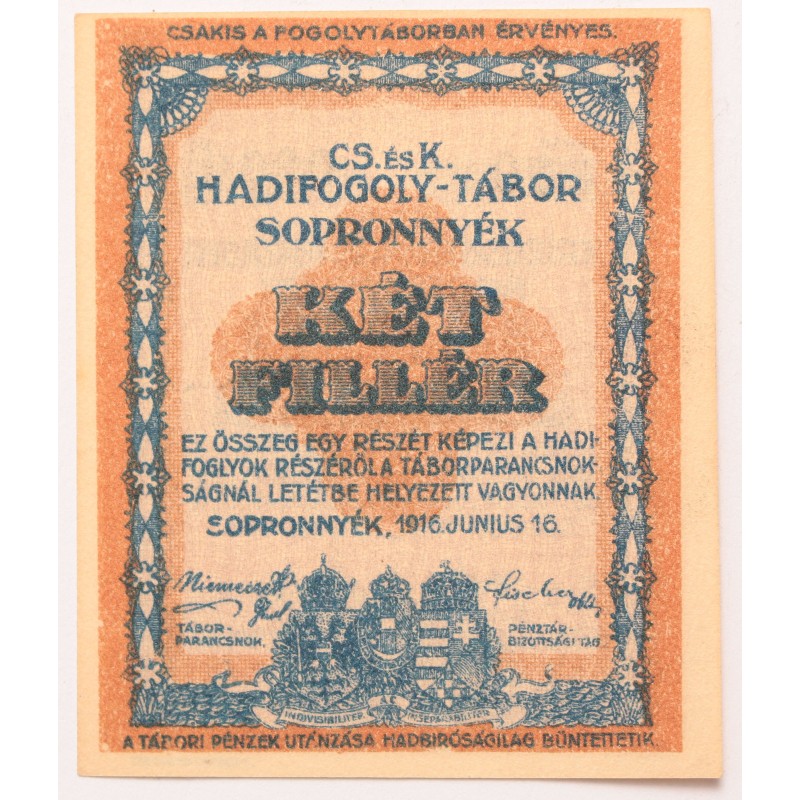 Hadifogolytábor Sopronnyék 2 fillér 1916 R! Hadifogolytábor Sopronnyék 2 fillér 1916 R!