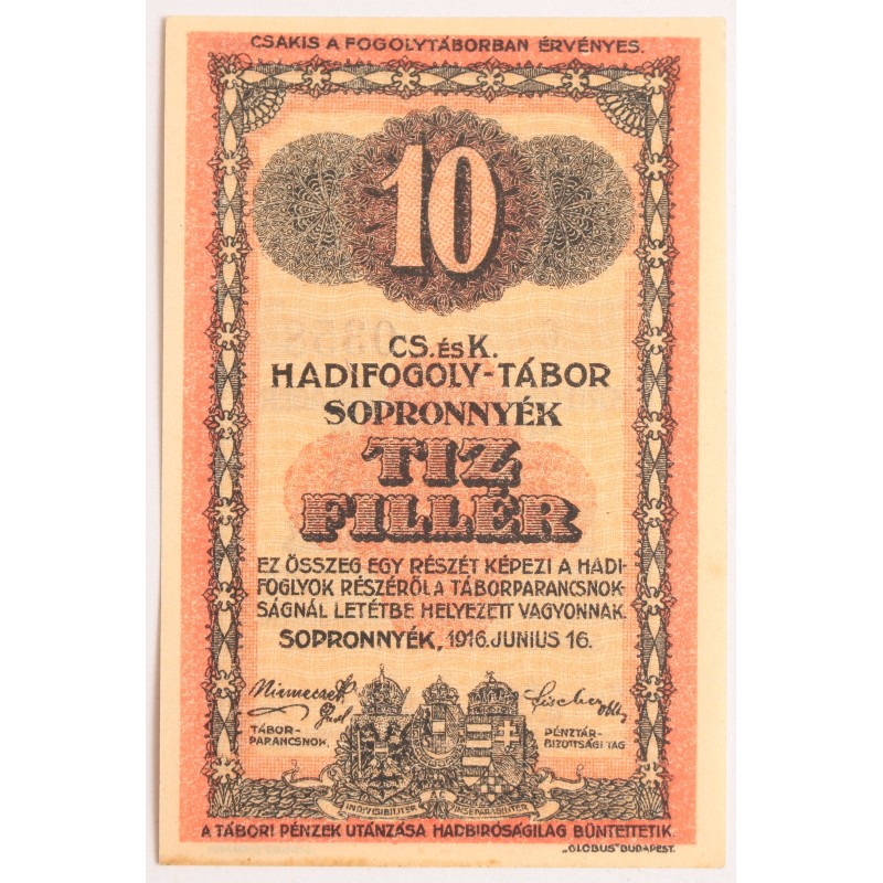 Hadifogolytábor Sopronnyék 10 fillér 1916 arab sorozatszám Hadifogolytábor Sopronnyék 10 fillér 1916 arab sorozatszám