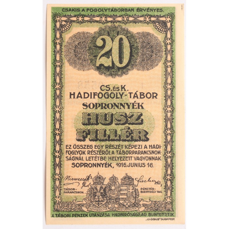 Hadifogolytábor Sopronnyék 20 fillér 1916 arab sorozatszám Hadifogolytábor Sopronnyék 20 fillér 1916 arab sorozatszám