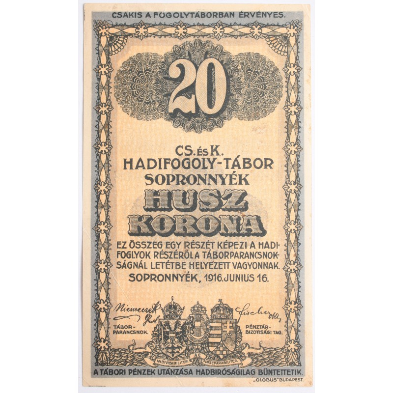 Hadifogolytábor Sopronnyék 20 korona 1916 arab sorozatszám Hadifogolytábor Sopronnyék 20 korona 1916 arab sorozatszám