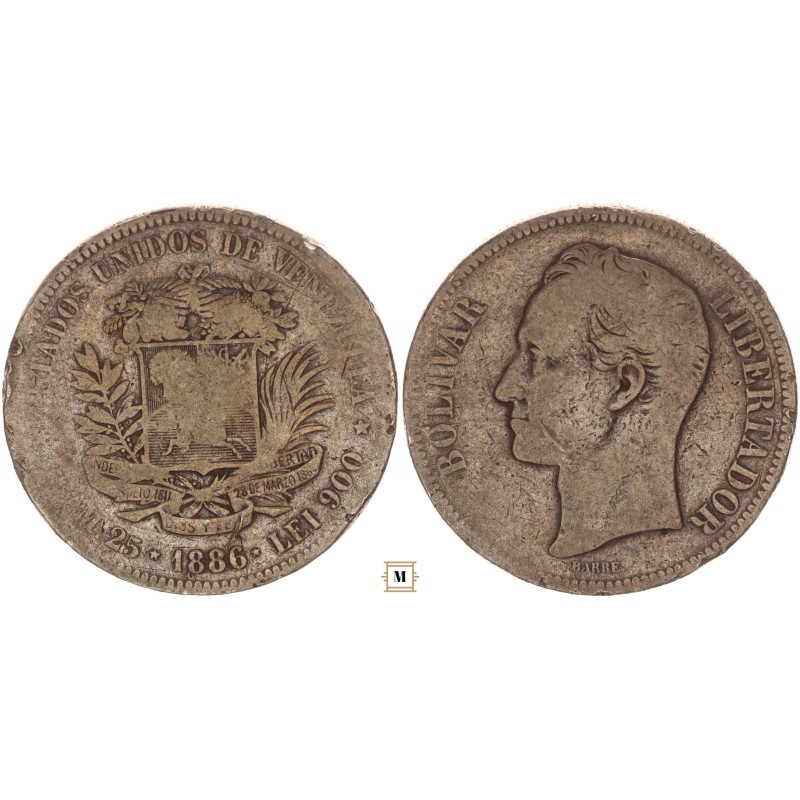 Venezuela 5 bolivares 1886 Venezuela 5 bolivares 1886