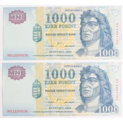 1000 forint 2000 millenium DD betűjel 2db sorszámkövető