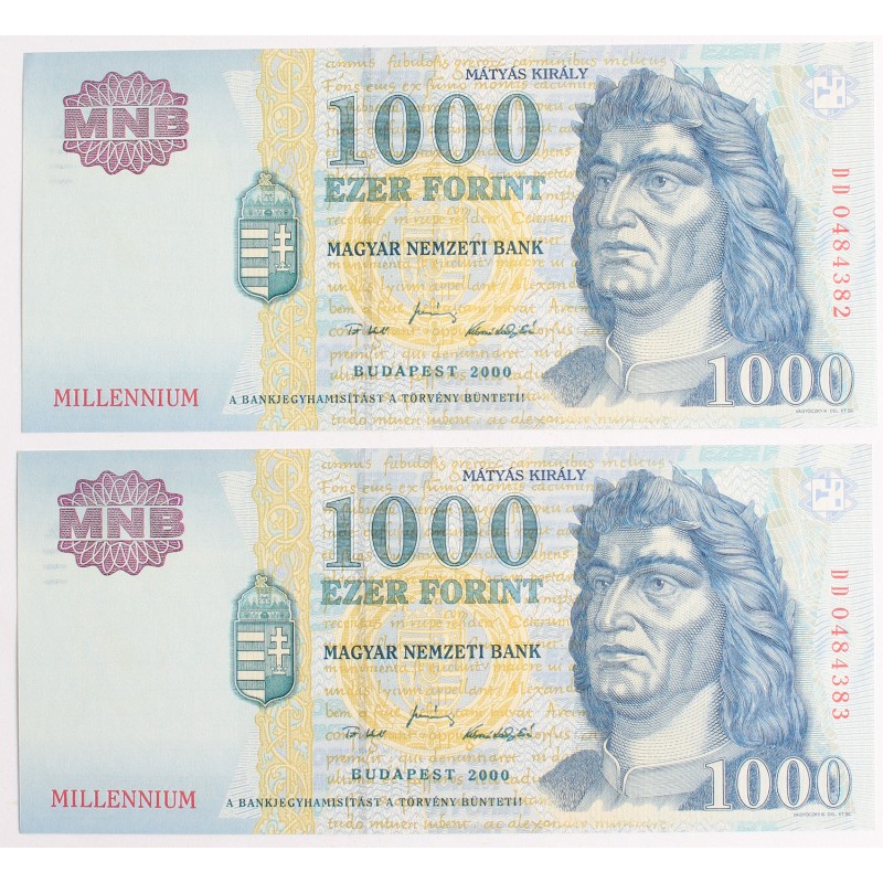 1000 forint 2000 millenium DD betűjel 2db sorszámkövető