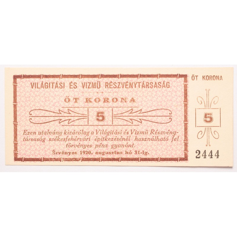 Világítási és Vízmű Részvénytársaság 5 korona 1920 Világítási és Vízmű Részvénytársaság 5 korona 1920