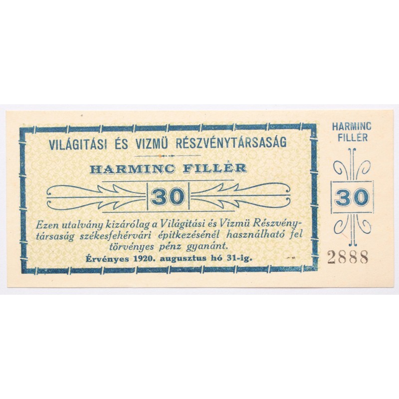 Világítási és Vízmű Részvénytársaság 30 fillér 1920 Világítási és Vízmű Részvénytársaság 30 fillér 1920