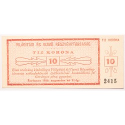 Világítási és Vízmű Részvénytársaság 10 korona 1920