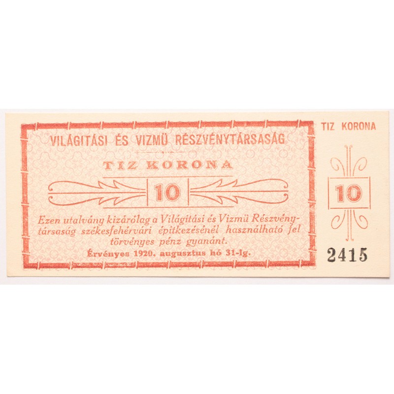 Világítási és Vízmű Részvénytársaság 10 korona 1920 Világítási és Vízmű Részvénytársaság 10 korona 1920