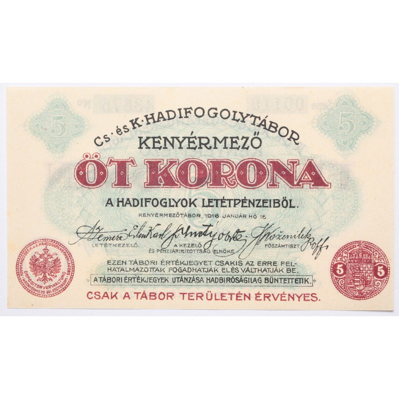Hadifogolytábor Kenyérmező 5 korona 1916 Hadifogolytábor Kenyérmező 5 korona 1916