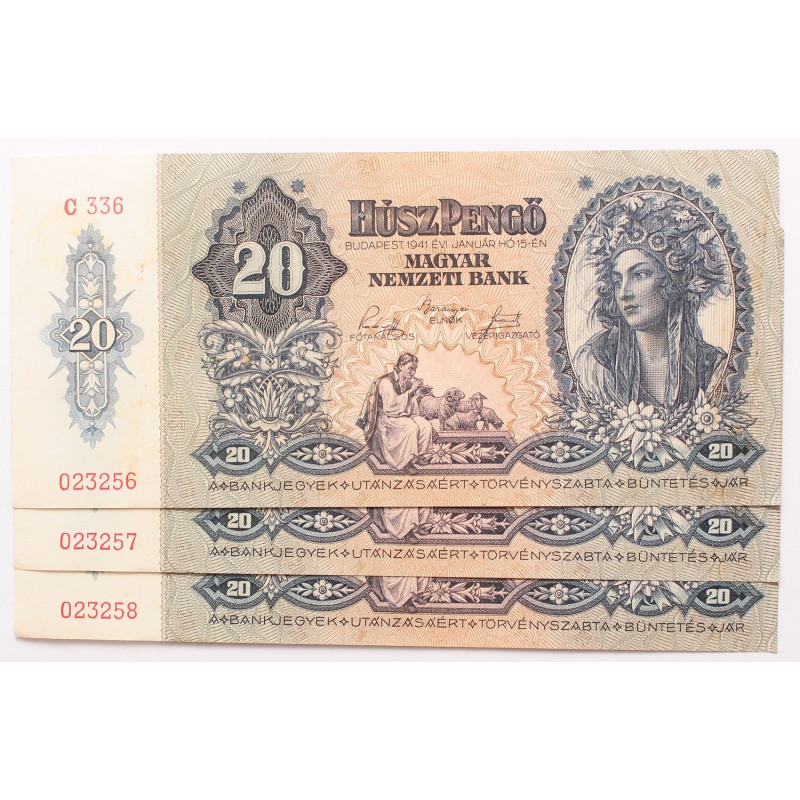 20 pengő 1941 3db sorszámkövető