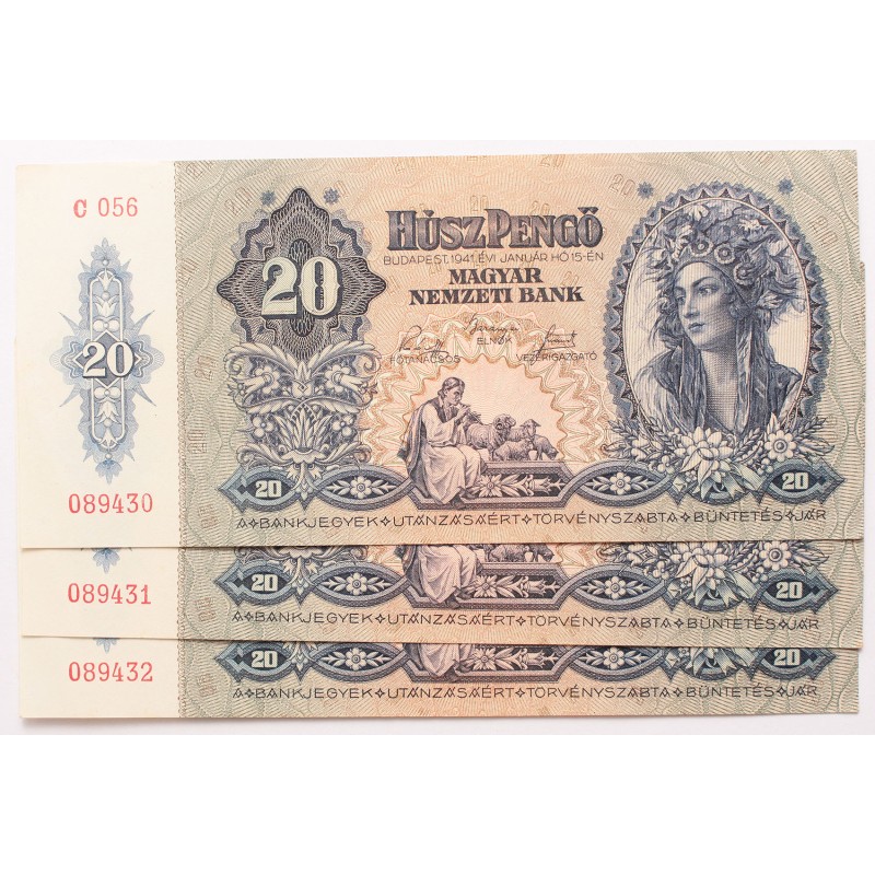 20 pengő 1941 3db sorszámkövető