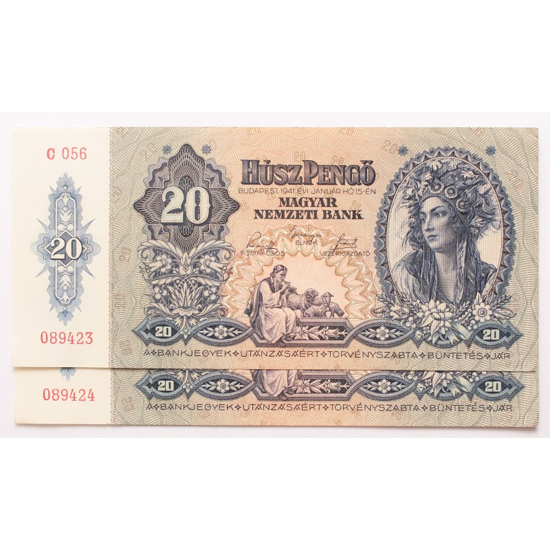 20 pengő 1941 2db sorszámkövető