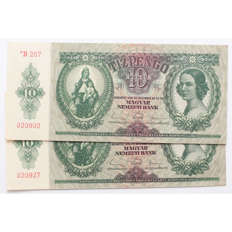 10 pengő 1936 csillagos, 2db közeli sorszám