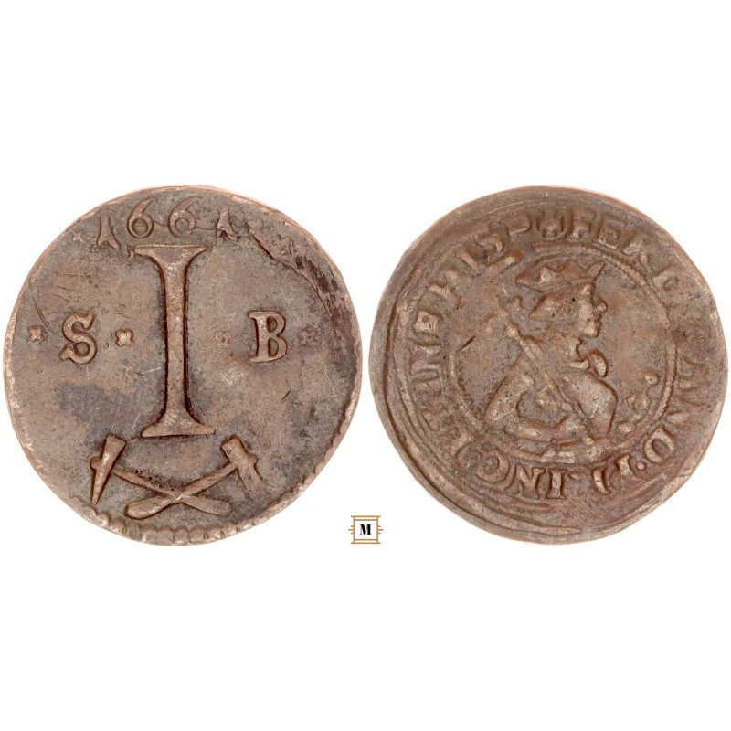 I. Lipót, Selmecbánya bányapénz, I.Ferdinánd 6 krajcáros előlappal, R!