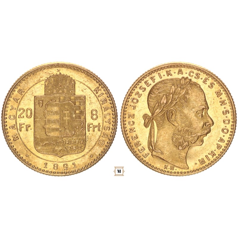 Ferenc József 20 frank 8 forint 1891 KB