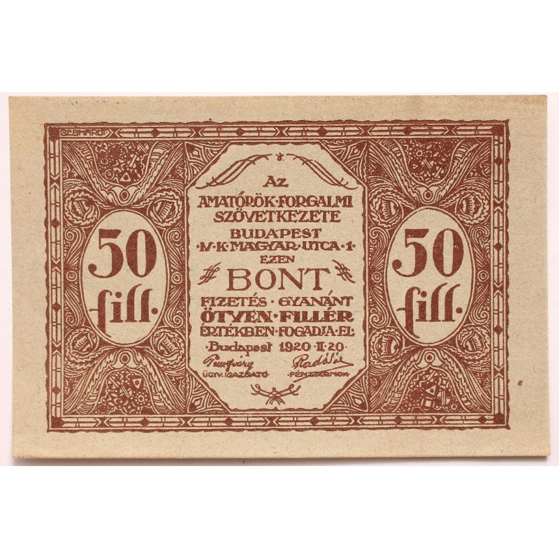 Amatőrök Forgalmi Szövetkezete 50 fillér 1920