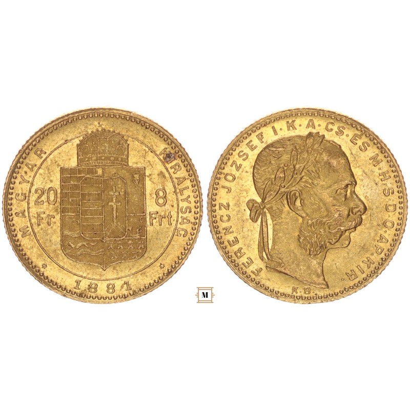 Ferenc József 20 frank 8 forint 1881 KB