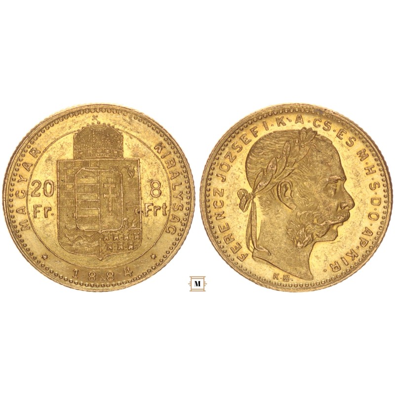 Ferenc József 20 frank 8 forint 1884 KB