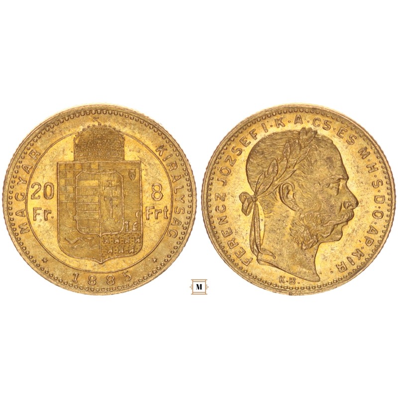 Ferenc József 20 frank 8 forint 1885 KB