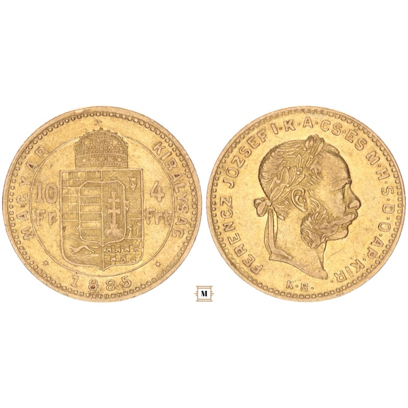 Ferenc József 10 frank 4 forint 1885 KB