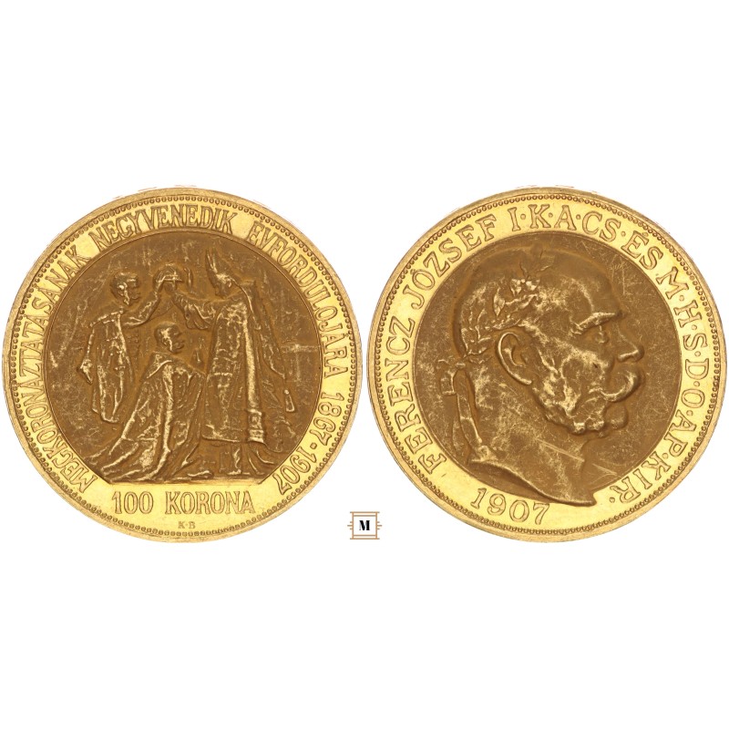 Ferenc József 100 korona 1907 KB Koronázás 40. évfordulójára