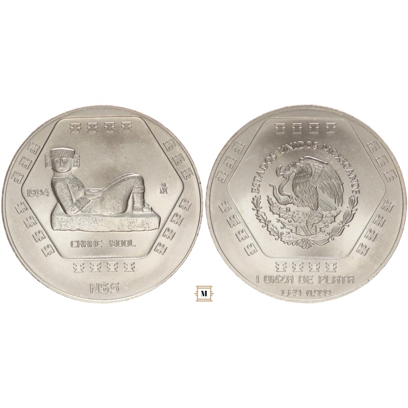 Mexikó 5 új pesos Chaac Mool 1994 1Oz