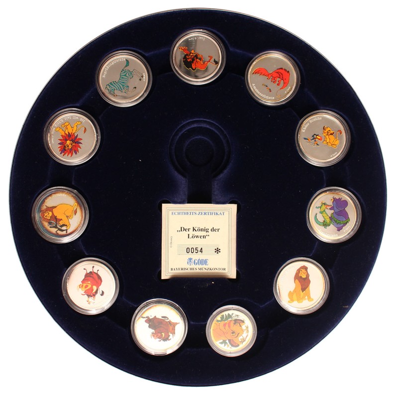 Oroszlánkirály éremszett 10 + 1 db ezüstérem filmtekercstok alakú dobozban