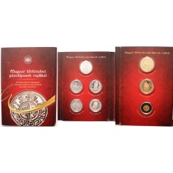 Magyar történelmi pénztípusok replikái - benne Károly Róbert arany forint aranyérem másolata