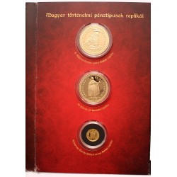 Magyar történelmi pénztípusok replikái - benne Károly Róbert arany forint aranyérem másolata