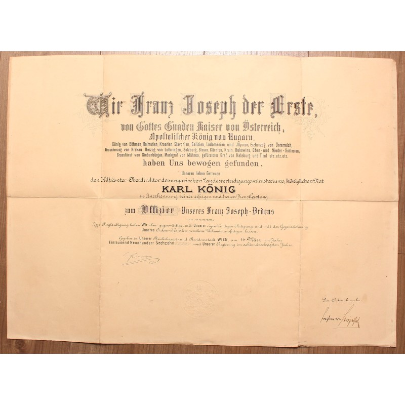 Ferenc József rend tisztikeresztjének adományozója Karl König részére 1916