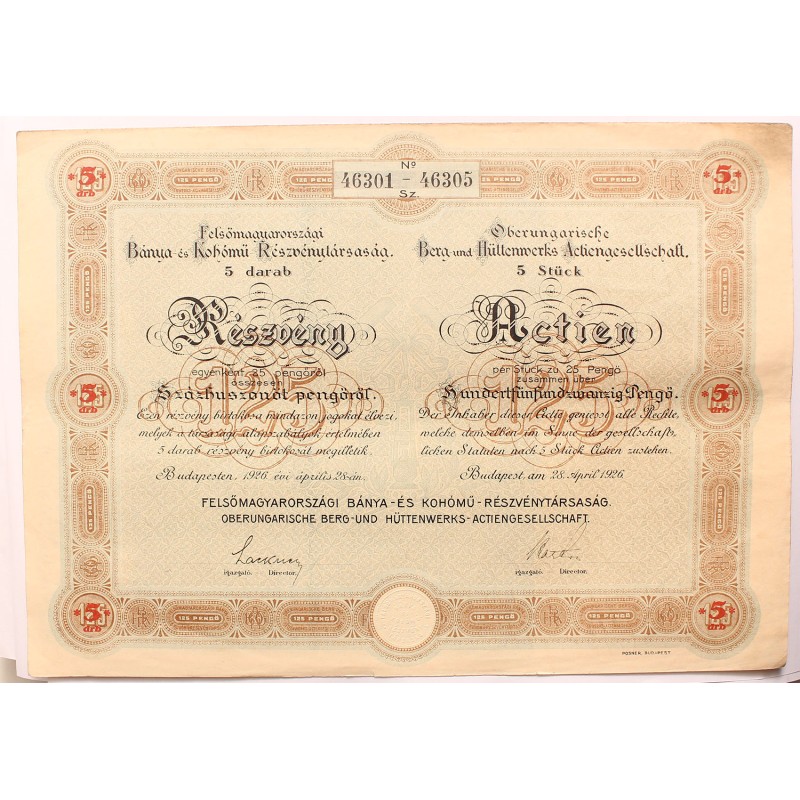 Felsőmagyarországi Bánya- és Kohómű Rt. részvény 125 pengő 1926