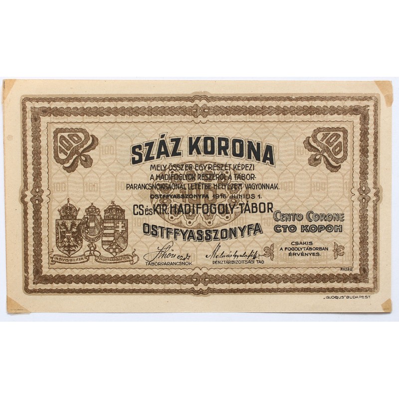 Hadifogolytábor Ostffyasszonyfa 100 korona 1916