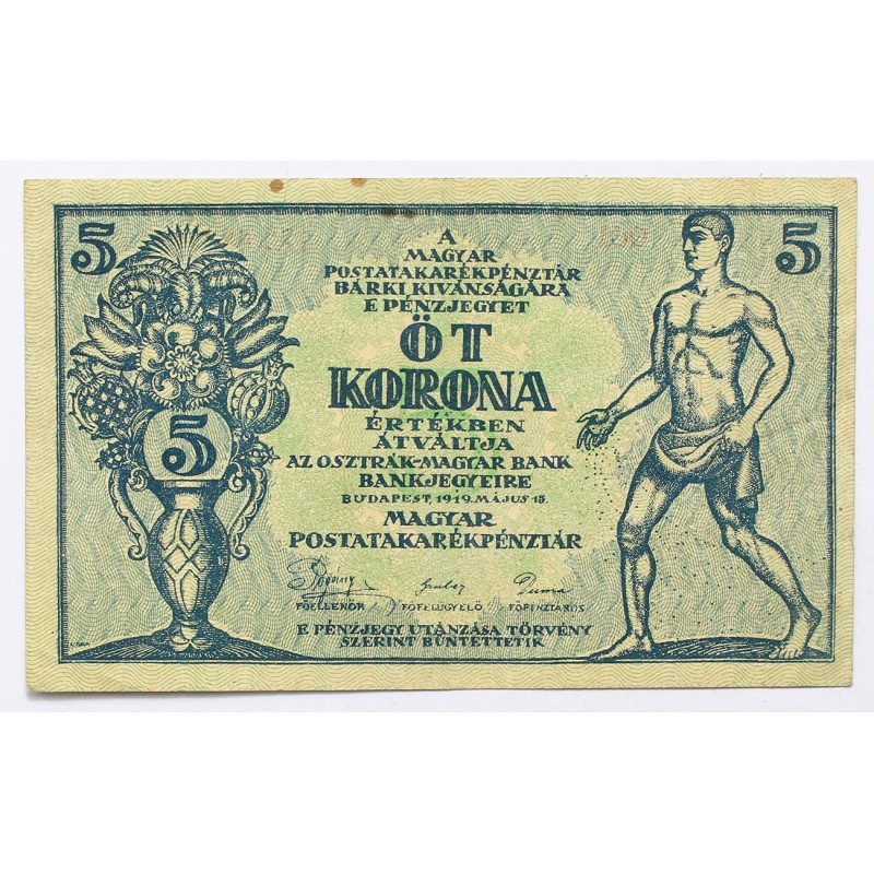 5 korona 1919 vastag papír